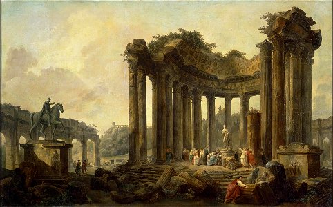 Hubert Robert - Landscape with the Ruins of the Round Temple, with a Statue of Venus and a Monument to Marcus Aurelius