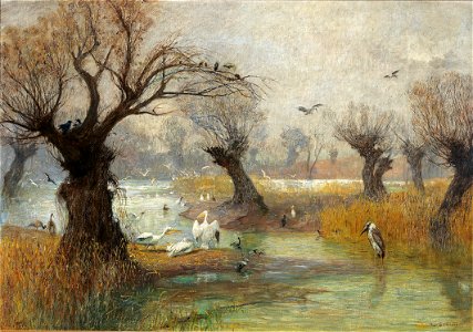 Hugo Charlemont Pelikane am Flussufer
