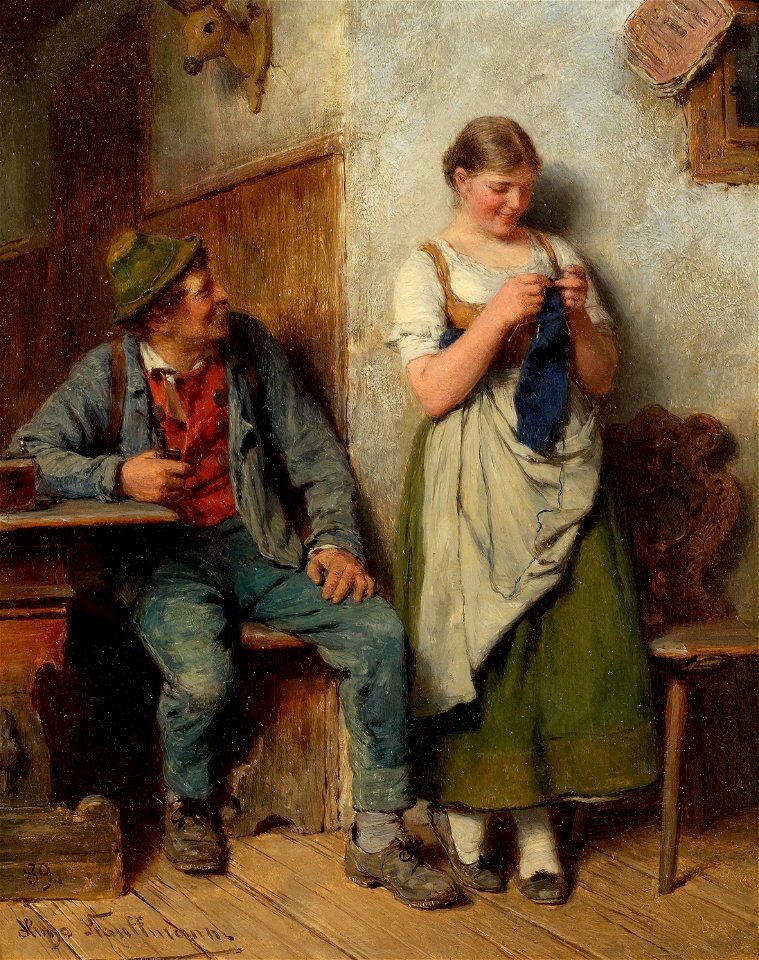 Hugo Kauffmann In der Stube mit Holzknecht und Mädel beim Stricken 1889