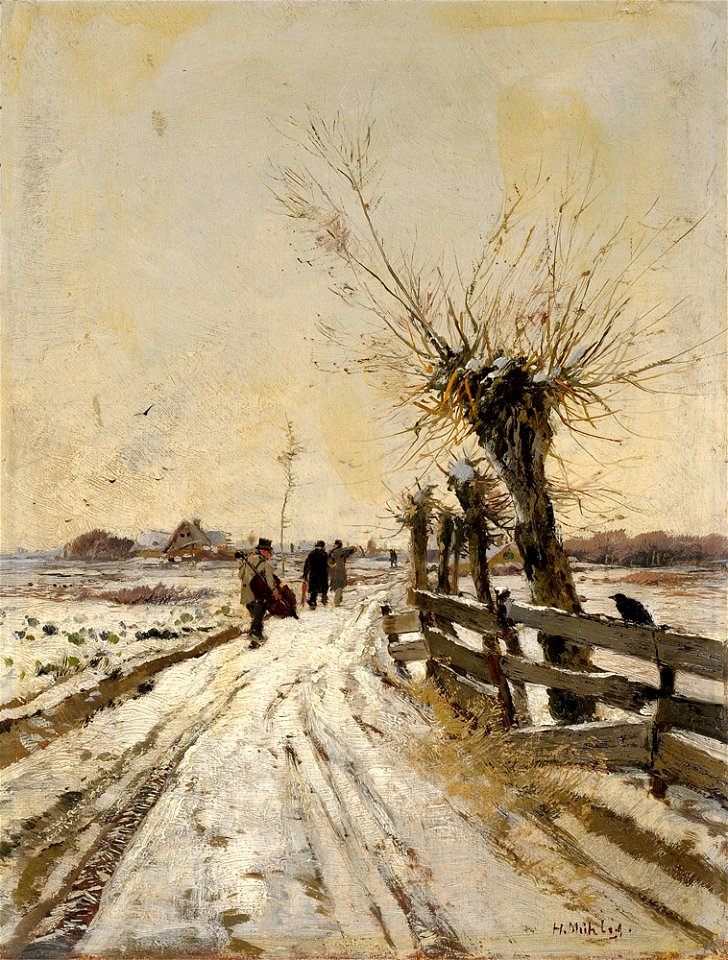 Hugo Mühlig Winterliche Dorfstrasse mit Musikanten