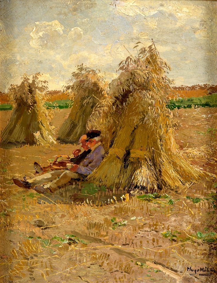 Hugo Mühlig Garben am Niederrhein Vesperndes Bauernpaar