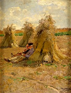 Hugo Mühlig Garben am Niederrhein Vesperndes Bauernpaar