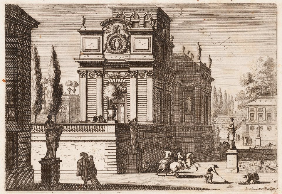 Huis versierd met Corinthische zuilen, beelden en vazen, objectnr A 13368