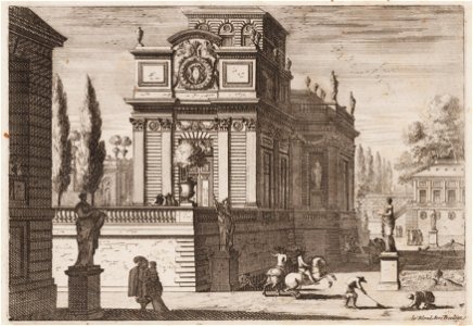 Huis versierd met Corinthische zuilen, beelden en vazen, objectnr A 13368