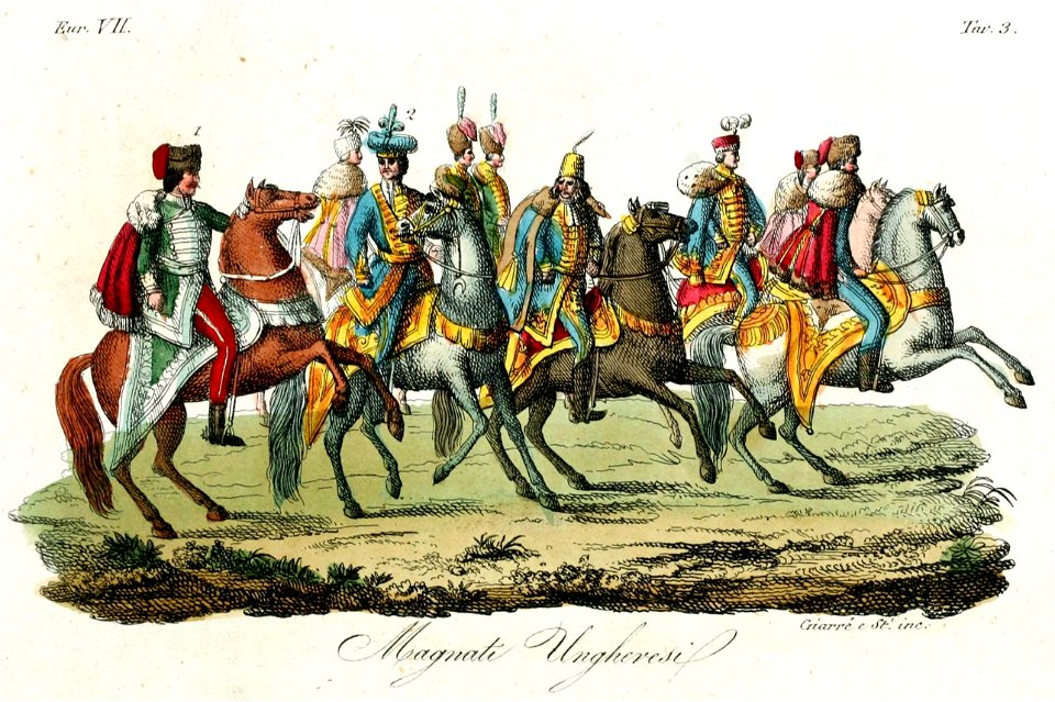 Hungarian knights, Illustration for Il costume antico e moderno by Giulio Ferrario 1831 (4)