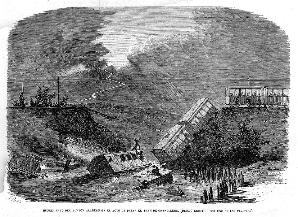Hundimiento del pontón Alabern en el acto de pasar el tren de Granollers (dibujo remitido por uno de los viajeros)