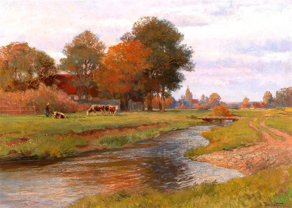 Hugo Darnaut - River Landscape with Small Herd of Cows and a Village in the background