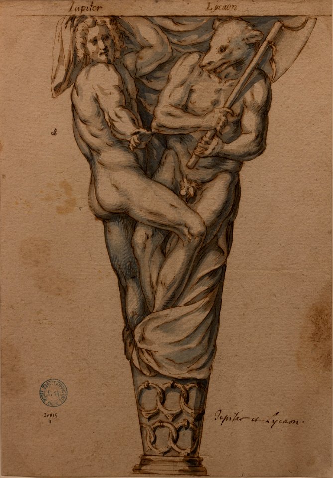 Hugues Sambin - Jupiter et Lycaon (Plume et encre brume, lavis brun et aquarelle bleue sur papier, 1595)