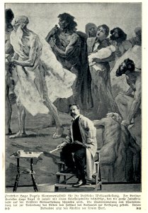 Hugo Vogel vor seinem Monumentalbild für die Brüsseler Weltausstellung 1910
