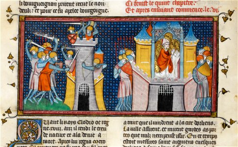 Huns sacking Orleans, Agnan's prayer, from Chroniques de France ou de St Denis, 14th century (22716441545)