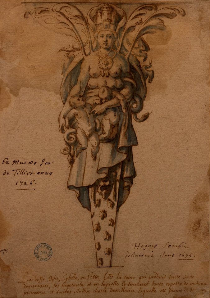 Hugues Sambin - Arthémis d'Ephèse (Plume et encre brume, lavis brun et aquarelle bleue sur papier, 1595)