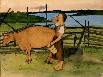 Hugo Simberg - Morning Milking - A II 968-11 - Finnish National Gallery