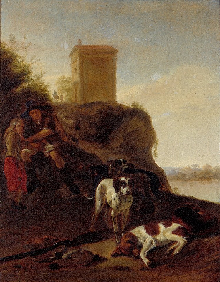 Hunters and Dogs in an Italian Landscape by Hendrik Verschuring Rijksdienst voor het Cultureel Erfgoed B494