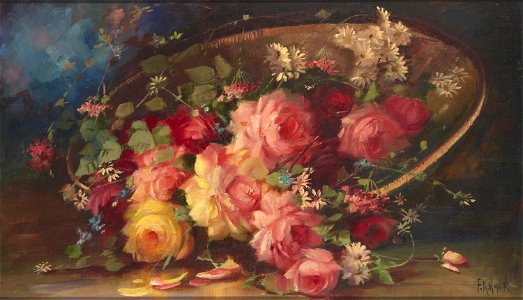Floral Still-life with Roses in a Basket by Florine Hyer