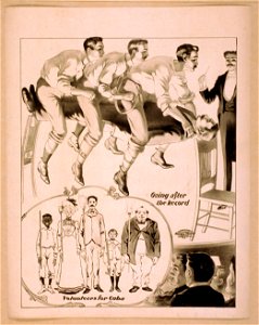 Hypnotist directing a group of people to do unusual things- men pretending to race while seated on man suspended between two chairs and audience volunteering for military duty with brooms LCCN2014636966