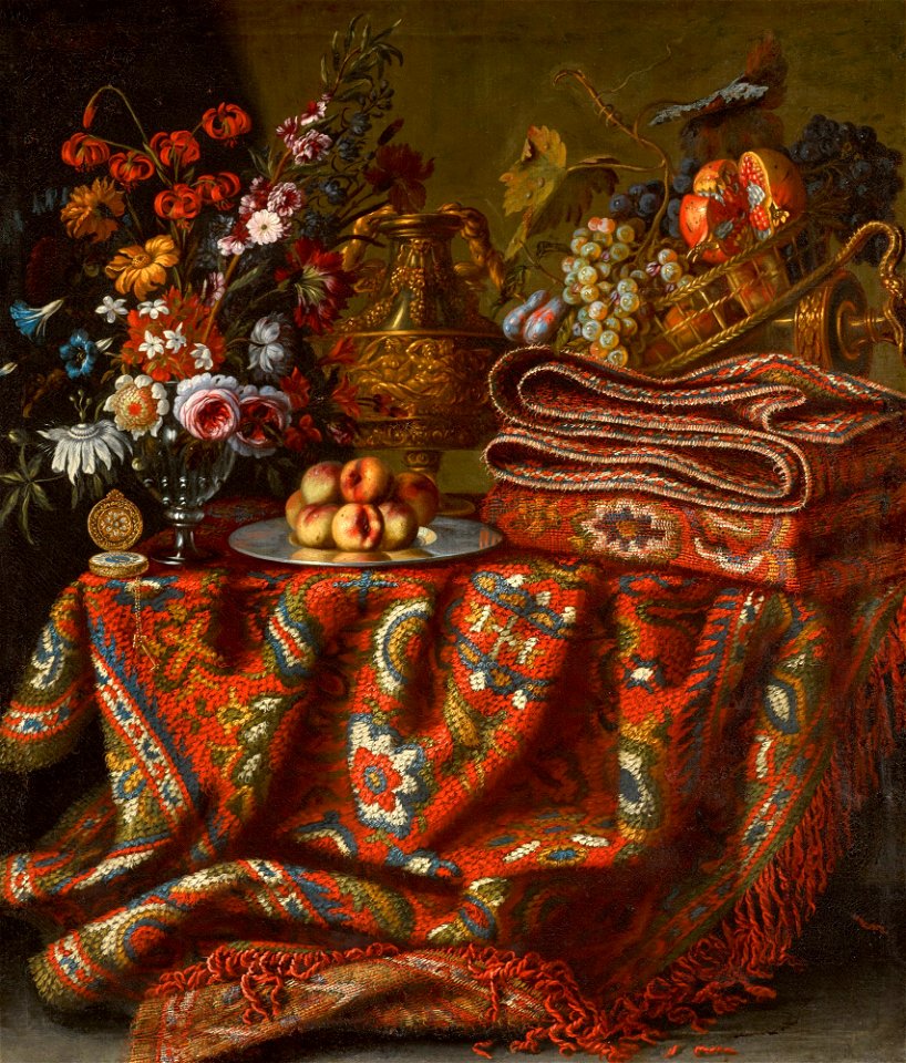 Still life with pomegranates, grapes, peaches, a vase of flowers… by Jacques Hupin, 1631