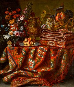 Still life with pomegranates, grapes, peaches, a vase of flowers… by Jacques Hupin, 1631