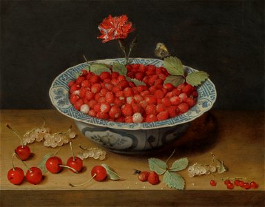 Jacob van Hulsdonck - Wild Strawberries and a Carnation in a Wan-Li Bowl (1620s). Free illustration for personal and commercial use.