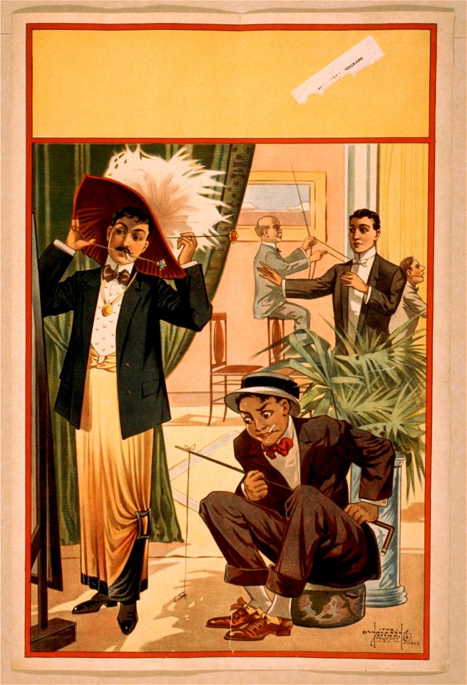 Hypnotist directing group of people to do unusual things- man wearing women's clothing and feathered hat, man using cane as fishing pole, man driving another man like a horse and carriage LCCN2014636871