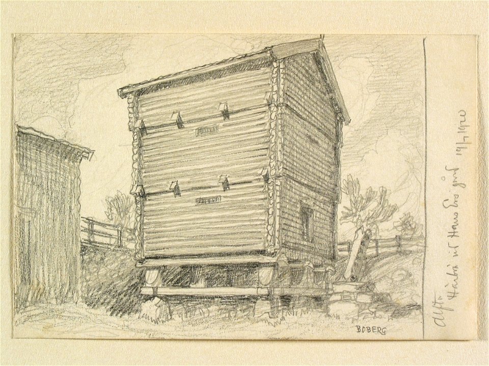 Hälsingland, Alfta. Härbre vid Hans Ers gård. Teckning av Ferdinand Boberg - Nordiska museet - NMA.0088216