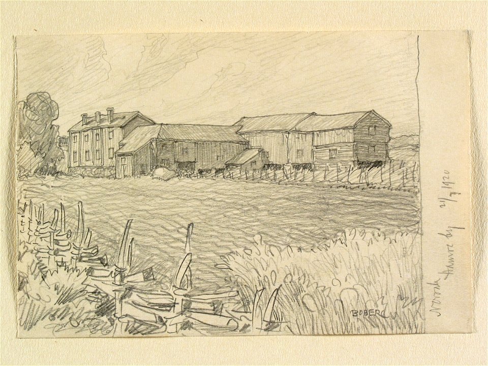 Hälsingland, Norrala. Hamre by. Teckning av Ferdinand Boberg - Nordiska museet - NMA.0088238
