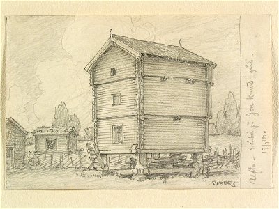 Hälsingland, Alfta. Härbre på Jon Knuts gård. Teckning av Ferdinand Boberg - Nordiska museet - NMA.0088219