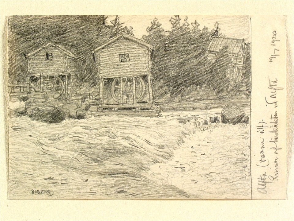 Hälsingland, Alfta sn. Voxna älv. Ruiner af linskäktor vid Alfta . Teckning av Ferdinand Boberg - Nordiska museet - NMA.0088220