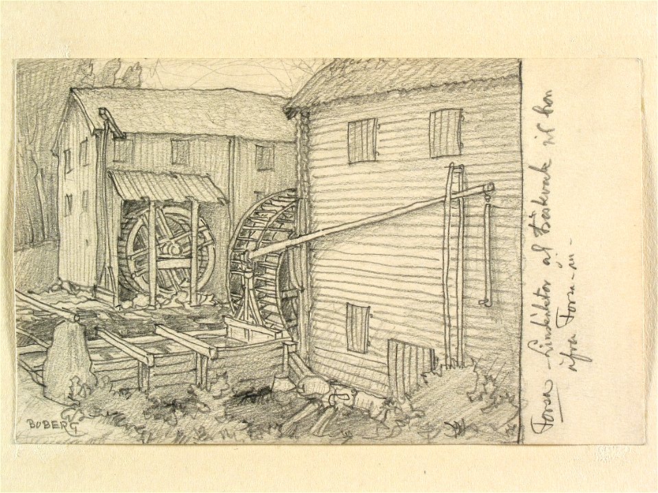 Hälsingland, Forsa sn., Forsa. Linskäktor och tröskverk vid bron över Forsa-ån - Nordiska museet - NMA.0088230