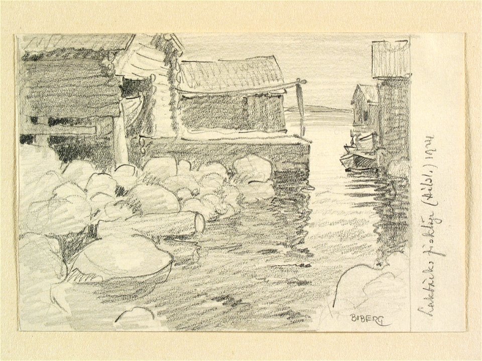 Hälsingland, Rogsta sn., Lakbäcks fiskeläge. Teckning av Ferdinand Boberg - Nordiska museet - NMA.0088248