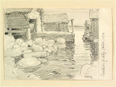 Hälsingland, Rogsta sn., Lakbäcks fiskeläge. Teckning av Ferdinand Boberg - Nordiska museet - NMA.0088248