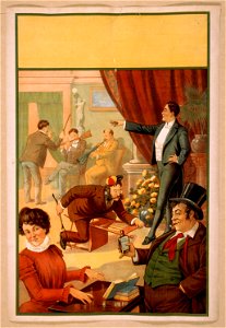 Hypnotist directing people to do unusual activities- woman playing table like a keyboard instrument, man riding chair like a racehorce, men using broom and umbrella as musical instruments, LCCN2014636870