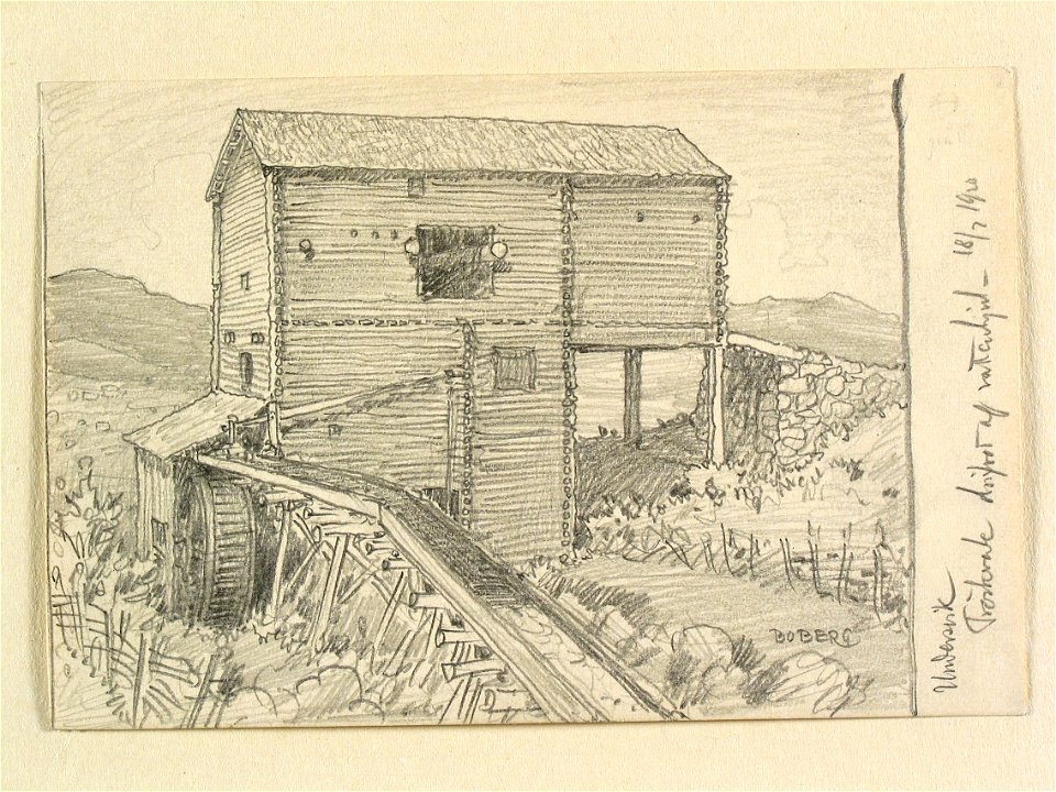 Hälsingland, Undersvik. Tröskverk drivet av vattenhjul. Teckning av Ferdinand Boberg - Nordiska museet - NMA.0088256