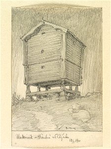 Hälsingland, Undersviks sn. Härbre vid Bjärks . Teckning av Ferdinand Boberg - Nordiska museet - NMA.0088254