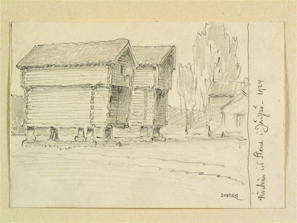 Hälsingland, Järvsö sn. Härbren i Stene. Teckning av Ferdinand Boberg - Nordiska museet - NMA.0088234