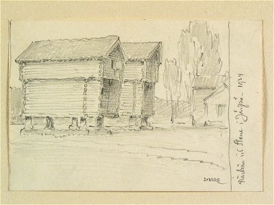 Hälsingland, Järvsö sn. Härbren i Stene. Teckning av Ferdinand Boberg - Nordiska museet - NMA.0088234