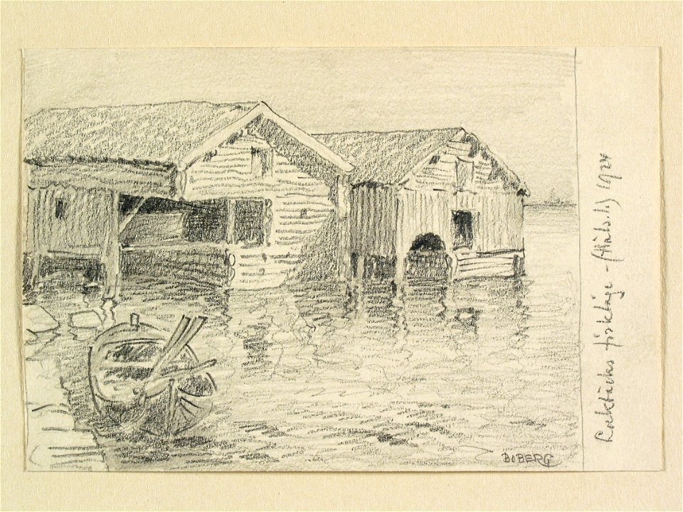 Hälsingland, Rogsta sn., Lakbäcks fiskeläge. Teckning av Ferdinand Boberg - Nordiska museet - NMA.0088249