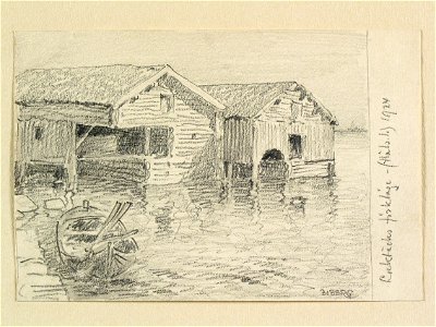 Hälsingland, Rogsta sn., Lakbäcks fiskeläge. Teckning av Ferdinand Boberg - Nordiska museet - NMA.0088249
