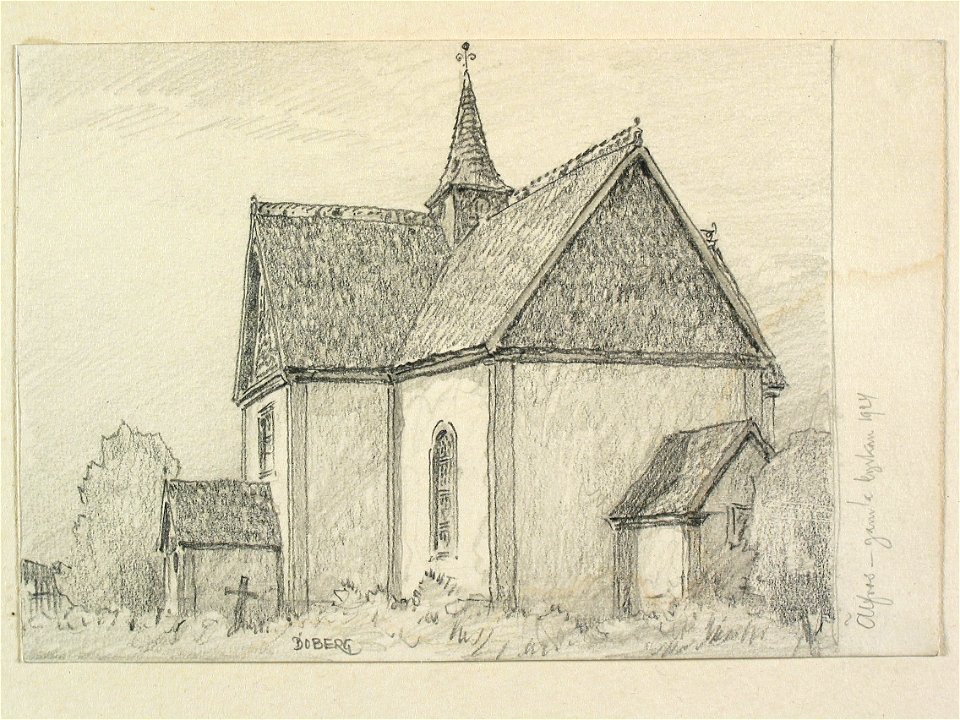 Härjedalen, Älvros gamla kyrka. Teckning av Ferdinand Boberg - Nordiska museet - NMA.0089644