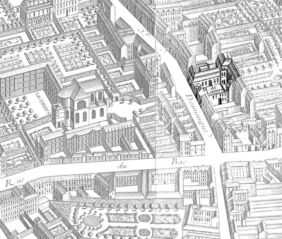Hôtel de Chevreuse on the 1739 Turgot map of Paris – KU 15, 16 (highlighted)