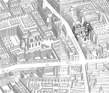Hôtel de Chevreuse on the 1739 Turgot map of Paris – KU 15, 16 (highlighted)