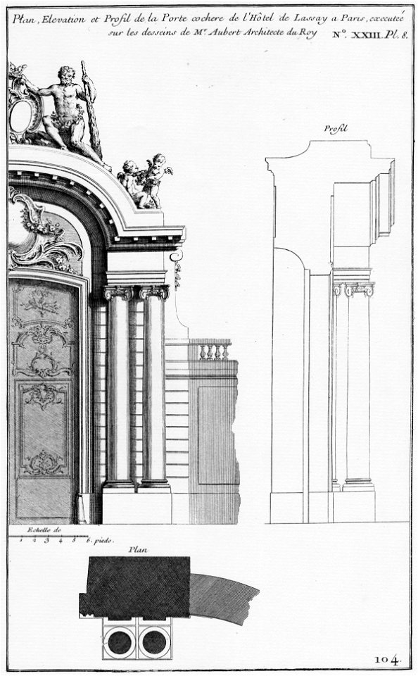 Hôtel de Lassay - Plan, élévation, et profil de la porte cochère - Architecture françoise Tome1 Livre2 Ch23 Pl8