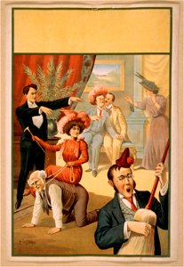Hypnotist directing group of people to do unusual things- woman riding man, man playing broom like a guitar, two men embracing LCCN2014636869