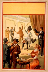 Hypnotist directing group of people to do unusual activities- woman playing washboard, woman riding man, men using brooms as musical instruments, policeman using sausage as weapon LCCN2014636867