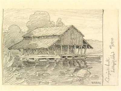 Hälsingland, Enångers sn., Långvinds bruk. Saltsjöfiskebod . Teckning av Ferdinand Boberg - Nordiska museet - NMA.0088832