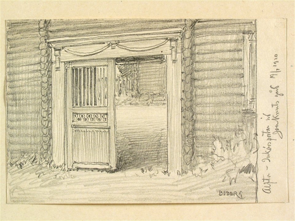 Hälsingland, Alfta. Inkörsportar vid Jon Knuts gård . Teckning av Ferdinand Boberg - Nordiska museet - NMA.0088218