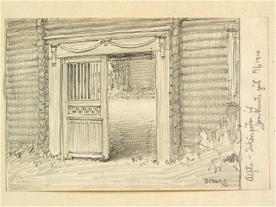 Hälsingland, Alfta. Inkörsportar vid Jon Knuts gård . Teckning av Ferdinand Boberg - Nordiska museet - NMA.0088218