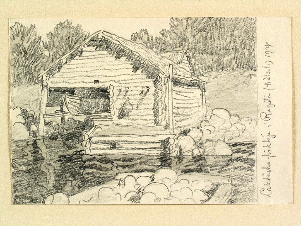 Hälsingland, Rogsta sn., Lakbäcks fiskeläge. Teckning av Ferdinand Boberg - Nordiska museet - NMA.0088250