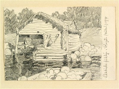 Hälsingland, Rogsta sn., Lakbäcks fiskeläge. Teckning av Ferdinand Boberg - Nordiska museet - NMA.0088250