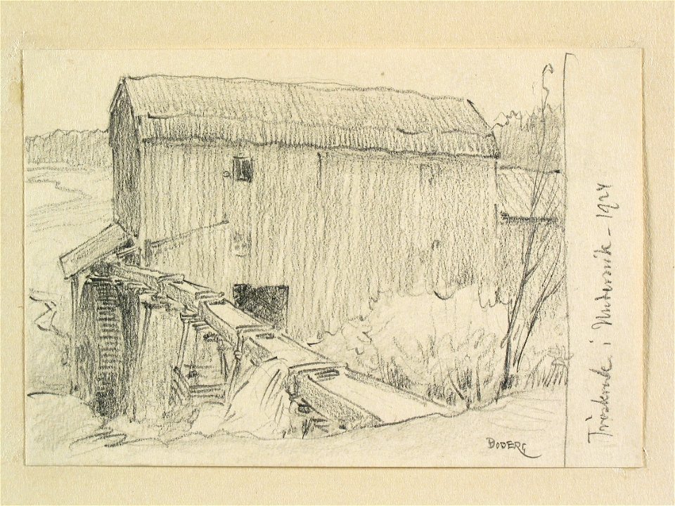 Hälsingland, Undersvik. Tröskverk. Teckning av Ferdinand Boberg - Nordiska museet - NMA.0088257