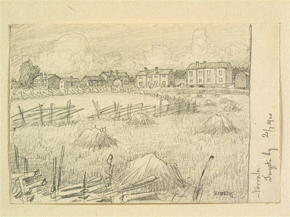 Hälsingland, Norrala sn., Ingsta by. Teckning av Ferdinand Boberg - Nordiska museet - NMA.0088239